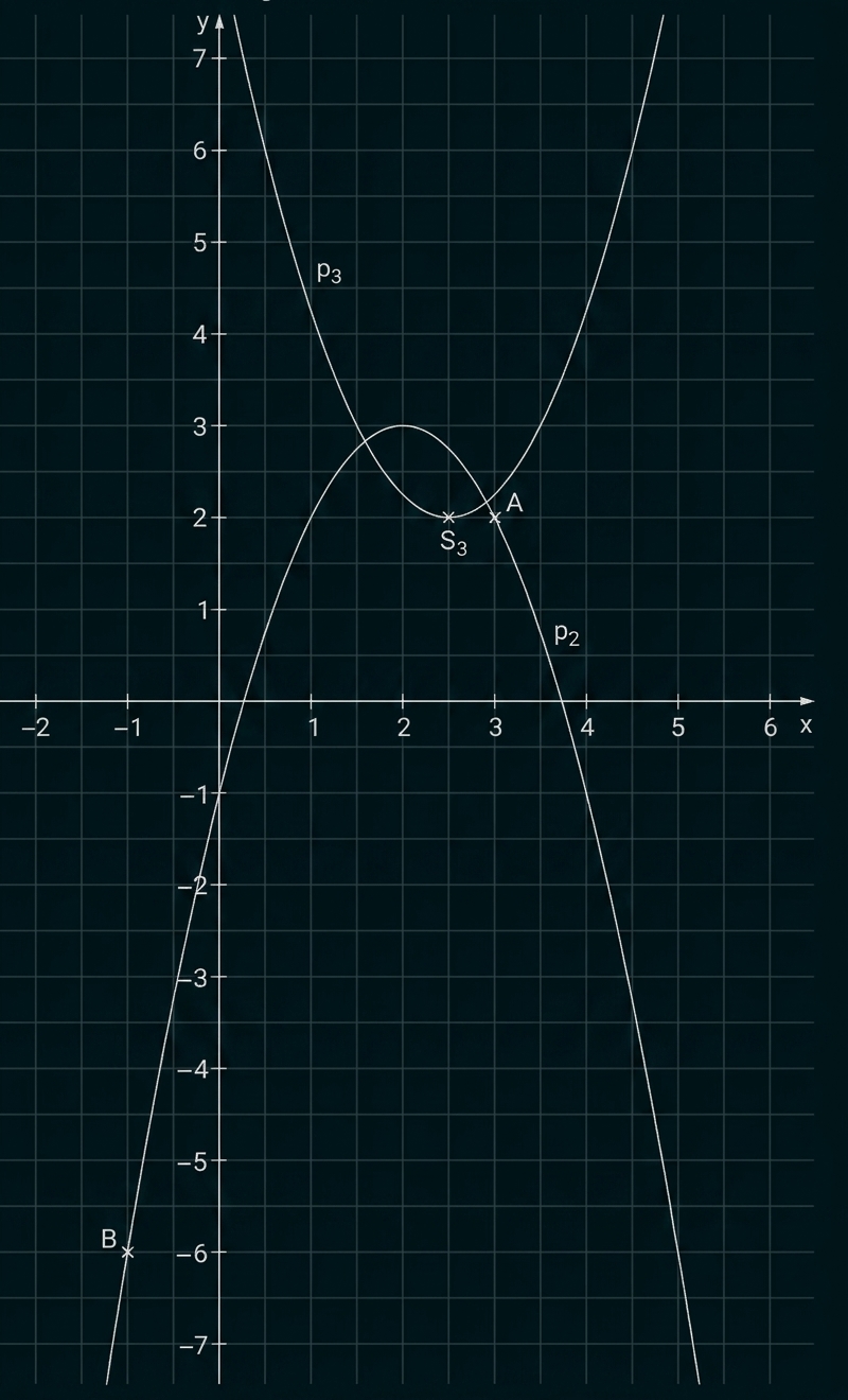 Koordinatensystem mit zwei Parabeln und markierten Punkten A, B und S3.